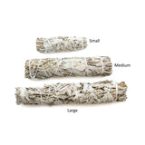 Three bundles of sage smudge sticks labeled Small, Medium, and Large on a white background.