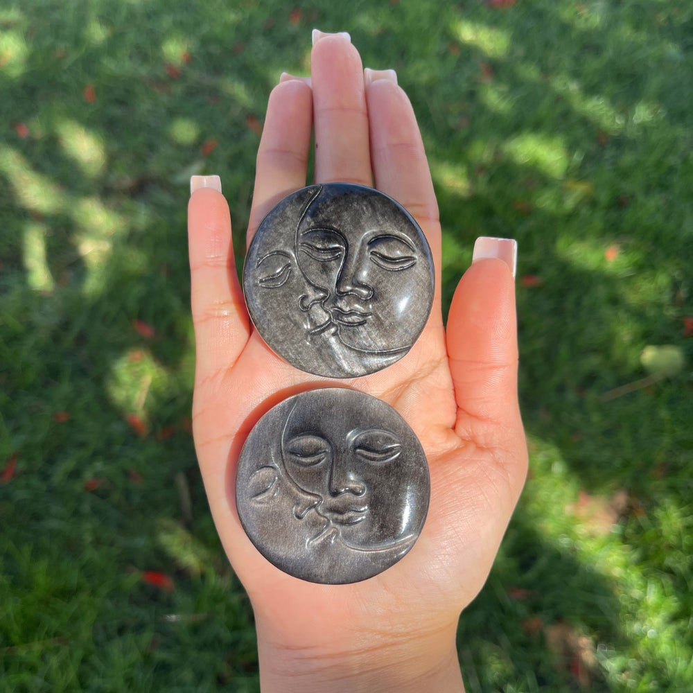 Sun and Moon Silver Sheen Obsidian Palm Stone