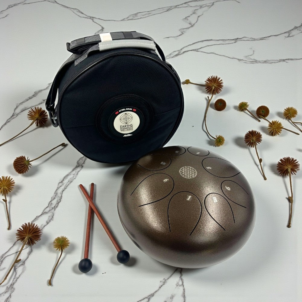 Brown Steel Tongue Drum - 10" on a marble surface with dried flowers and sticks.