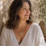 Woman wearing a Citrine Tree of Life pendant with natural citrine gemstone chips and a silver wire tree design on a delicate necklace. 🌿