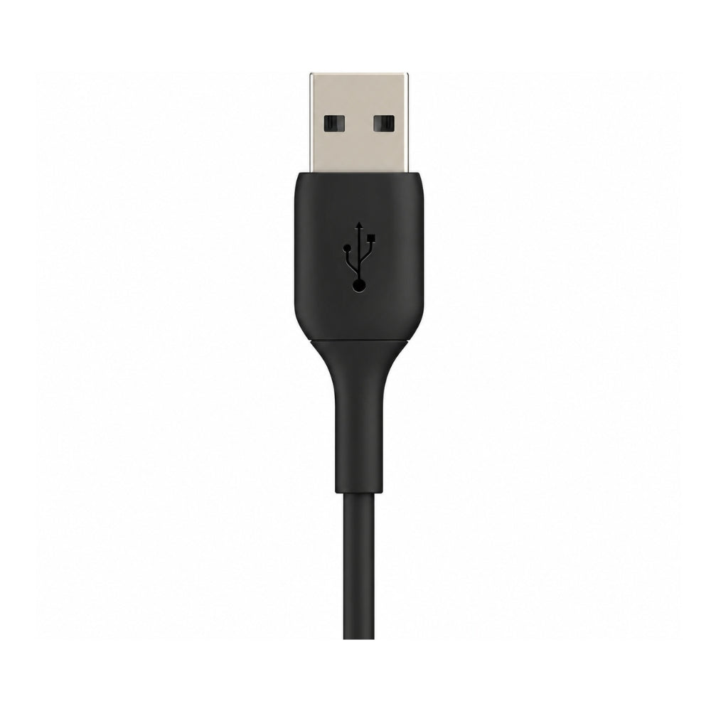 A close-up of a black USB-A to USB-A cable connector on a plain white background.