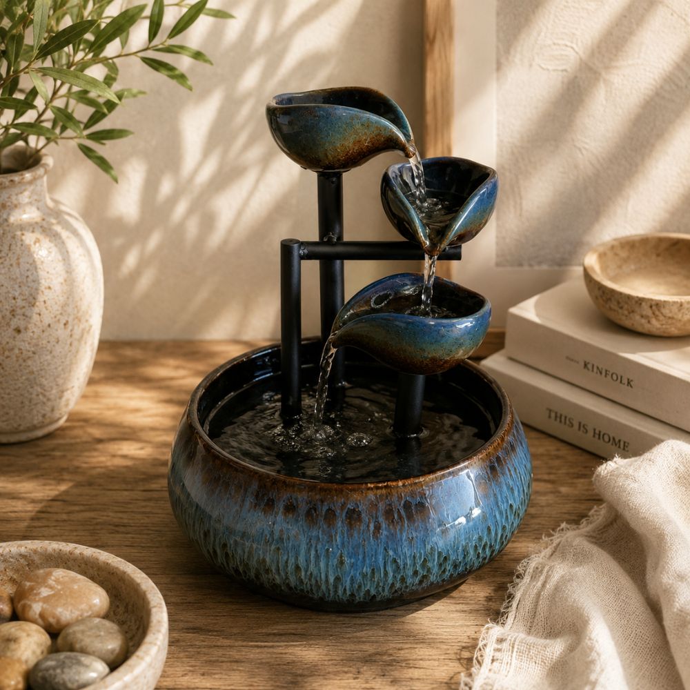A ceramic three-tier waterfall fountain with blue and brown glazed bowls, shown on a wooden table with water flowing from top to bottom. The scene includes a vase with greenery, books, a small bowl, and a draped cloth in warm natural light.