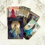 Tarot cards and book titled 'When Women Had Wings' on a light background with decorative elements.