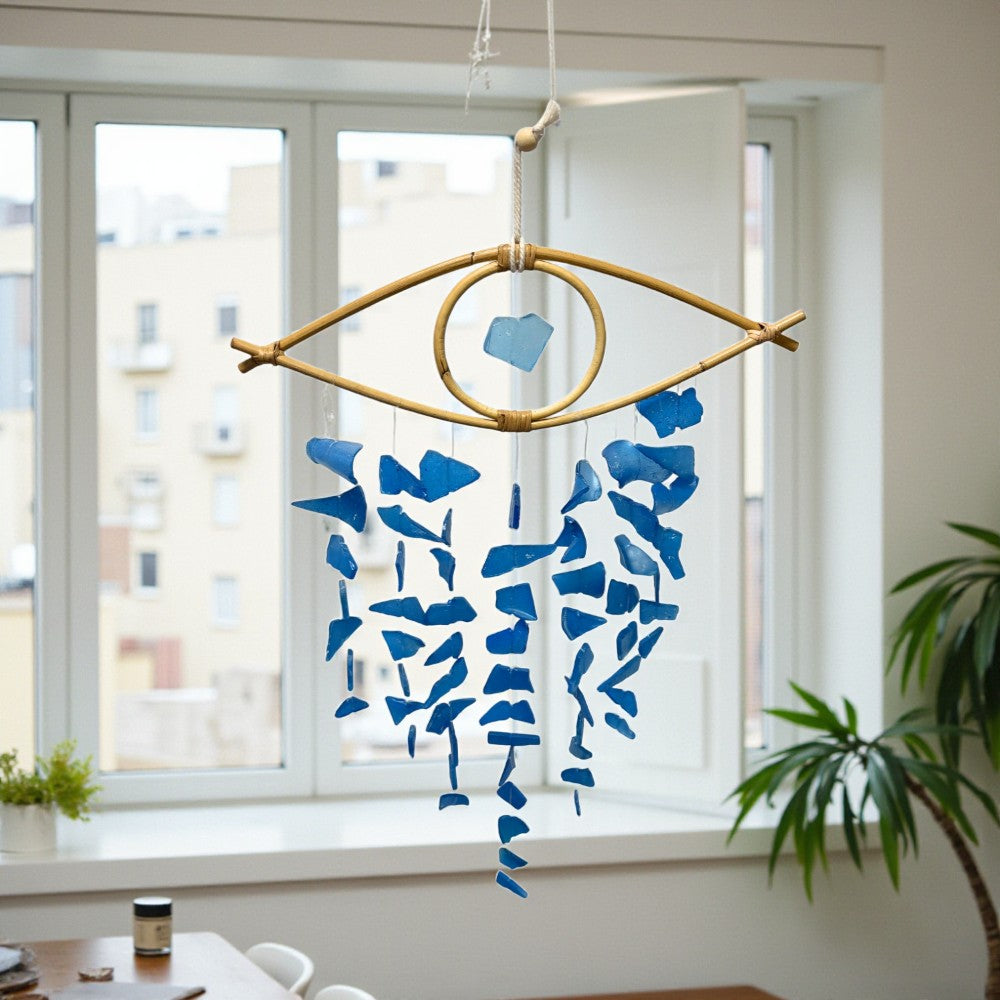 Windchime - Sea Glass, Evil Eye Blue