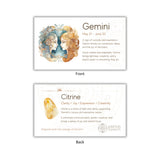 Card with Gemini zodiac sign illustration and citrine stone information on a white background