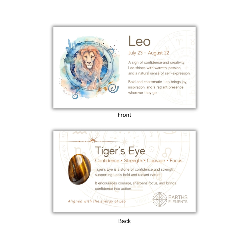 Two cards showing the front and back of a product related to Leo zodiac sign and Tiger's Eye stone.