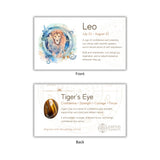 Two cards showing the front and back of a product related to Leo zodiac sign and Tiger's Eye stone.