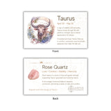 Two cards featuring Taurus zodiac sign and Rose Quartz stone with descriptive text on a white background.