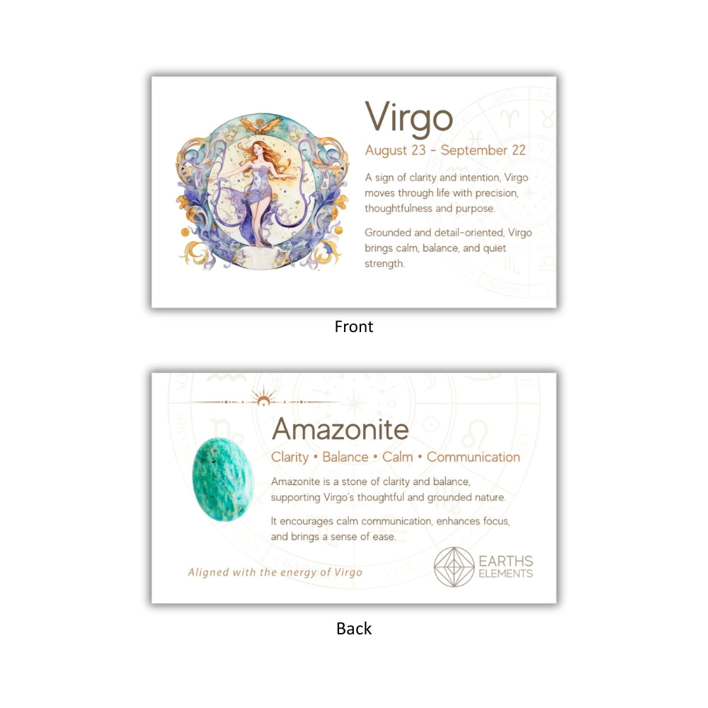 Card with Virgo zodiac sign and Amazonite stone information on a white background