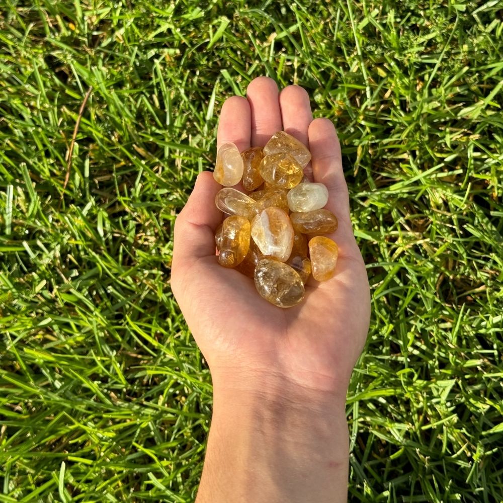 Citrine - Tumbled in a hand above green grass