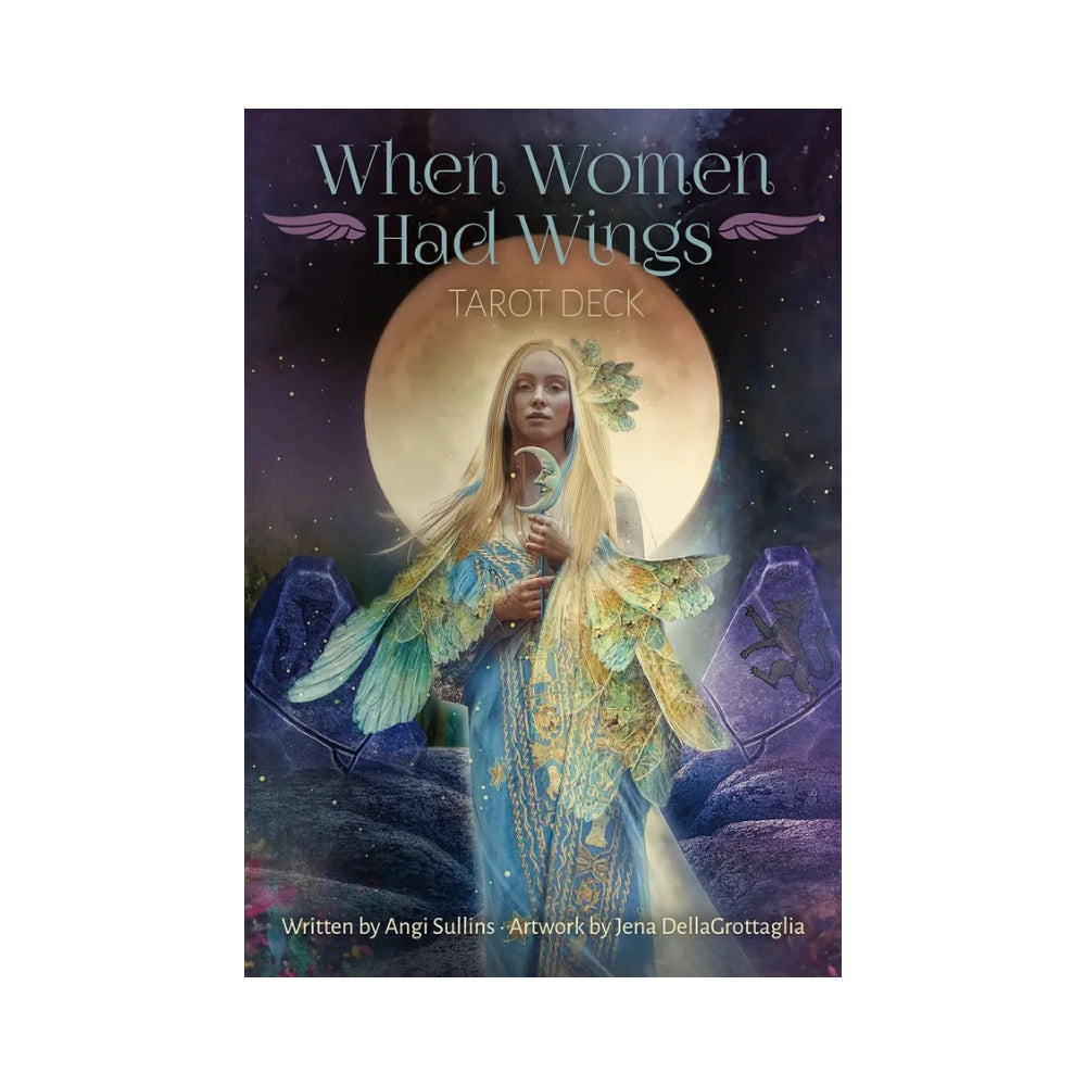 Book cover of 'When Women Had Wings Tarot Deck' with a woman holding wings and a moon in the background.