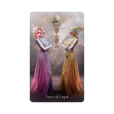 Two women in elegant dresses holding a golden cup with a lion head, labeled 'Two of Cups'.