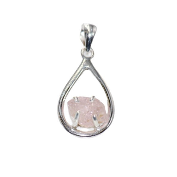 Raw Rose Quartz Silver Pendant (Tear drop)