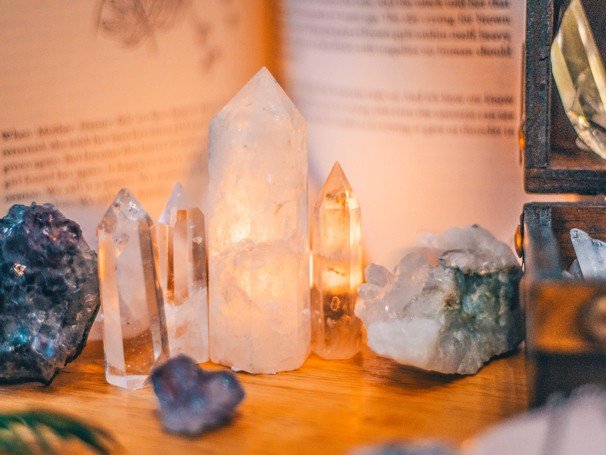 a group of crystal Pilars, including clear quartz and citrine