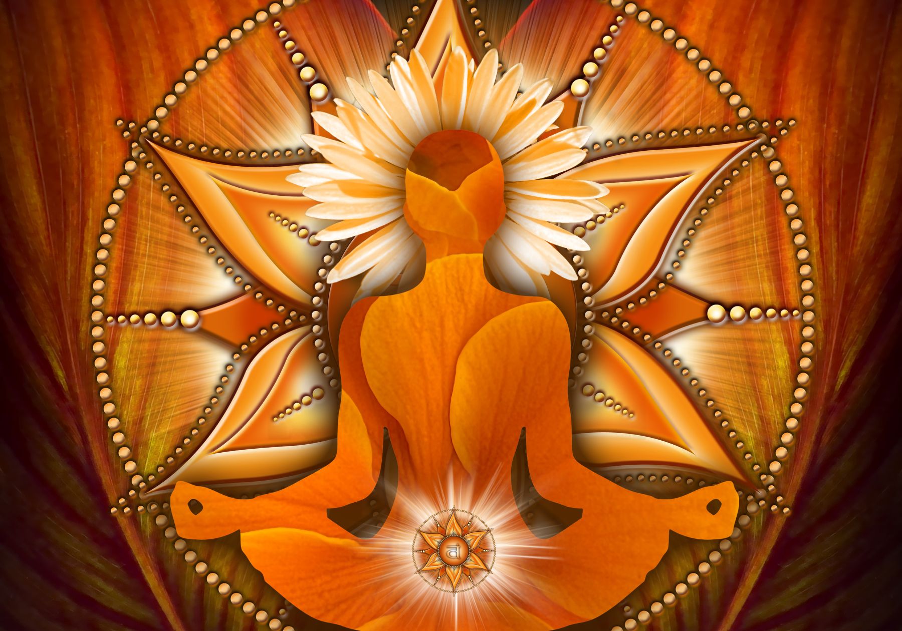 orange artistic representation of the Sacral chakra, with a drawing of a person sitting in meditation and a lotus flower in the background