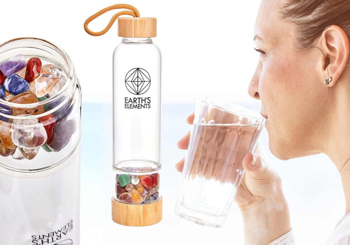 Crystal water bottle, and a woman drinking a glass of water