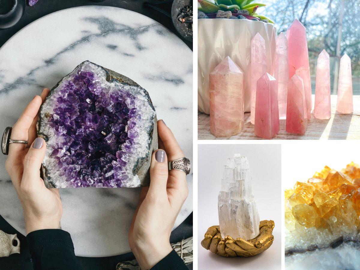 Amethyst, rose quartz, selenite and citrine