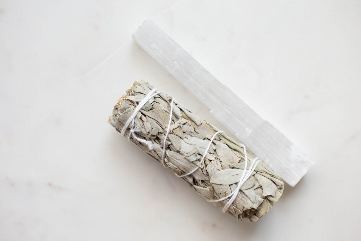 white sage and a piece of selenite 