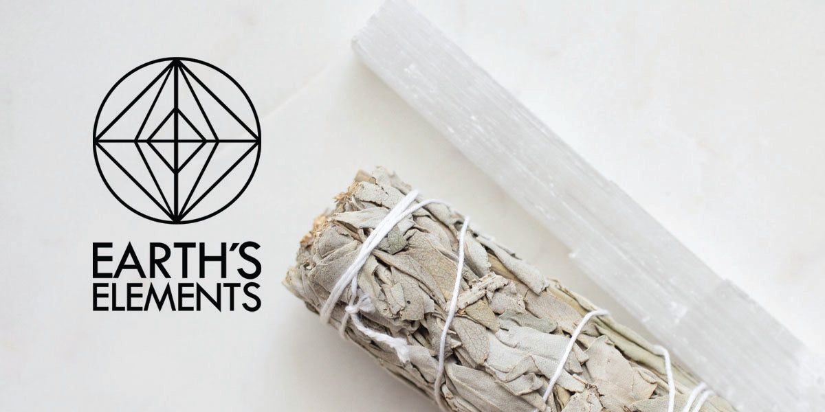 white sage and a piece of selenite with the earths elements logo