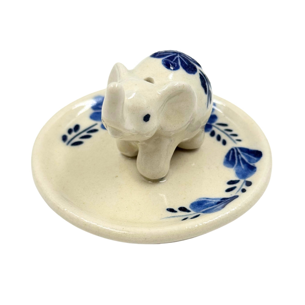 Elephant Floral on Round Ceramic Incense Holder - Blue