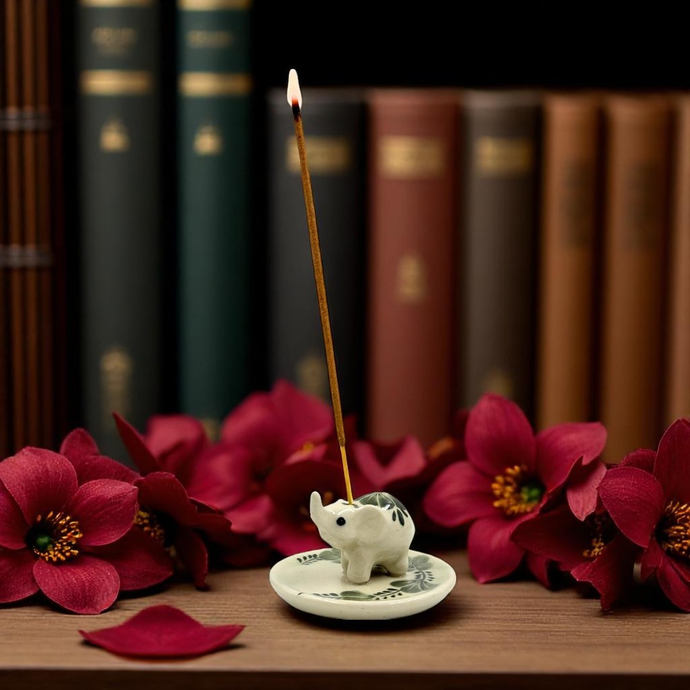 Elephant Floral on Round Ceramic Incense Holder - Green