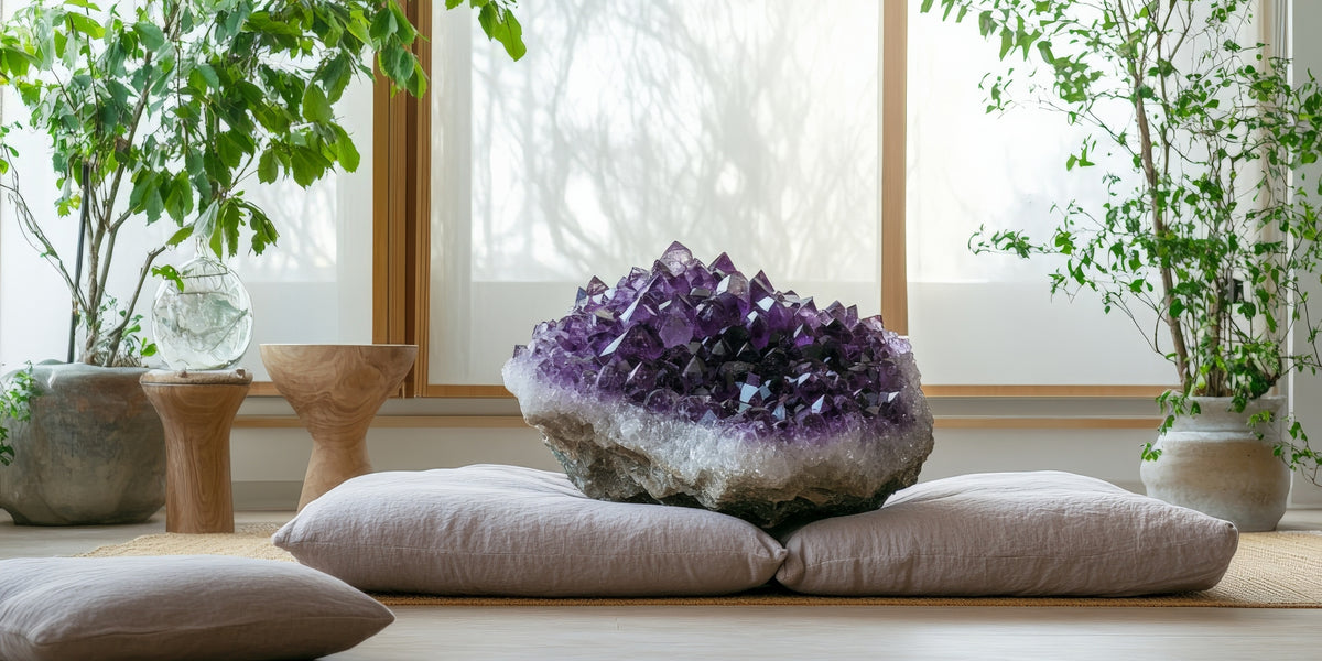 big piece of raw amethyst on pillows