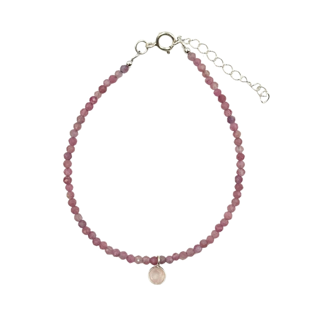 Pink Tourmaline with Rose Quartz Faceted Stone & Charm Bracelet 925