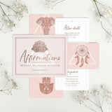 Set of affirmation cards with decorative designs on a light background