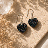 Rainbow druzy heart earrings with sterling silver hooks.