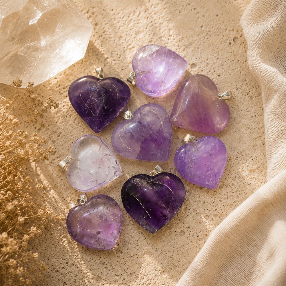 Heart-shaped purple crystal pendants on a textured beige surface with fabric and crystals.