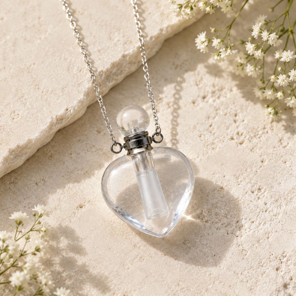 Clear heart-shaped crystal aromatherapy necklace with silver chain