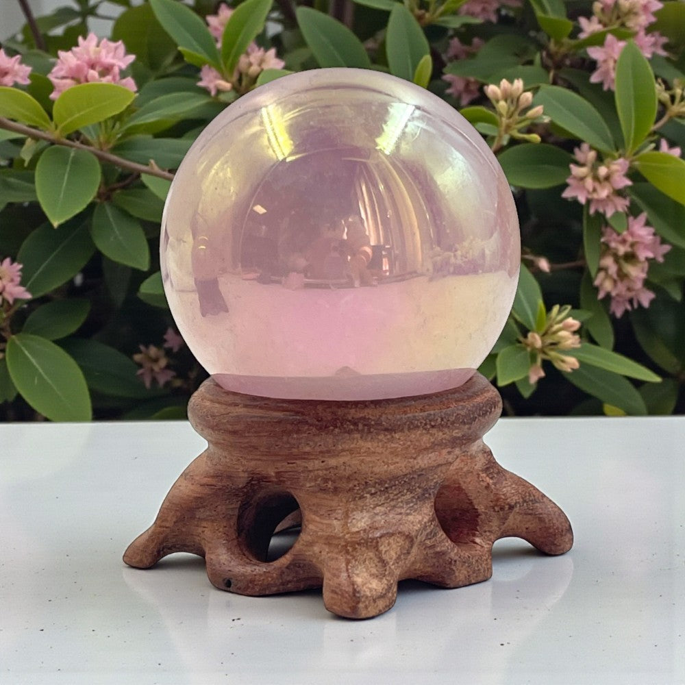 Aura Rose Quartz Sphere with Wooden Base