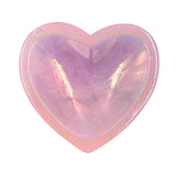 Heart-shaped Rose Quartz Dish with a pink and purple iridescent finish on a white background