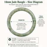 A size diagram for a 14mm jade bangle, showing a circular jade bracelet on a white background with text explaining diameter, width, and fit. The bracelet appears pale green with natural stone variation.