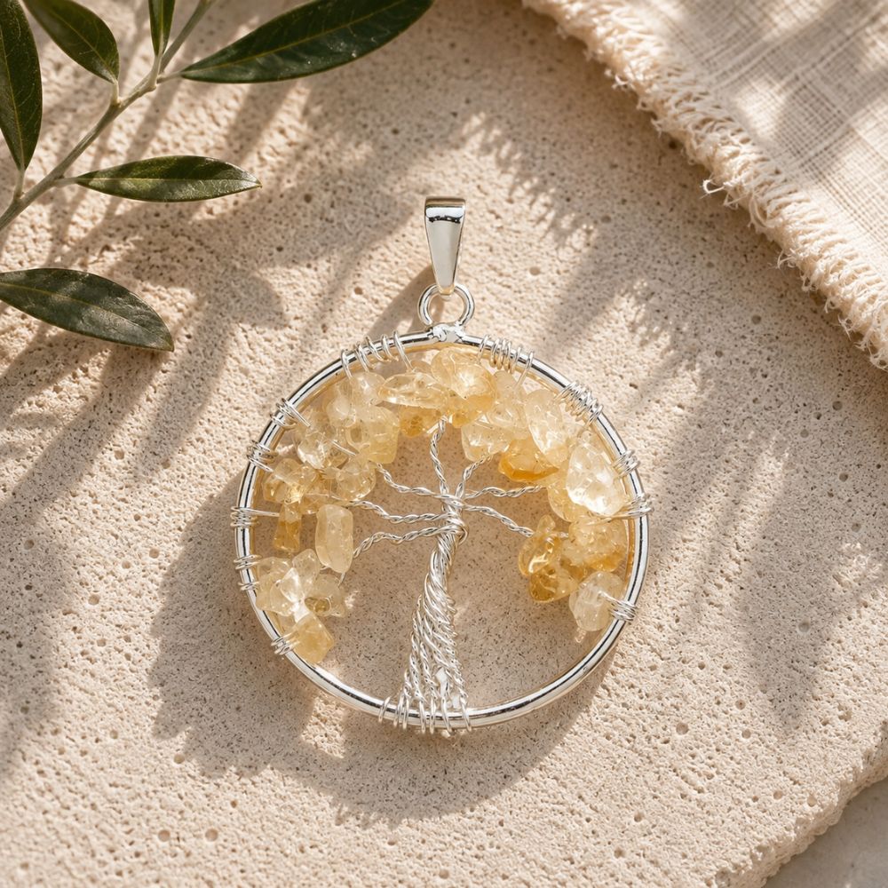 Citrine Crystal Tree of Life Silver Pendant with natural citrine gemstone chips on a handcrafted sterling silver tree design.