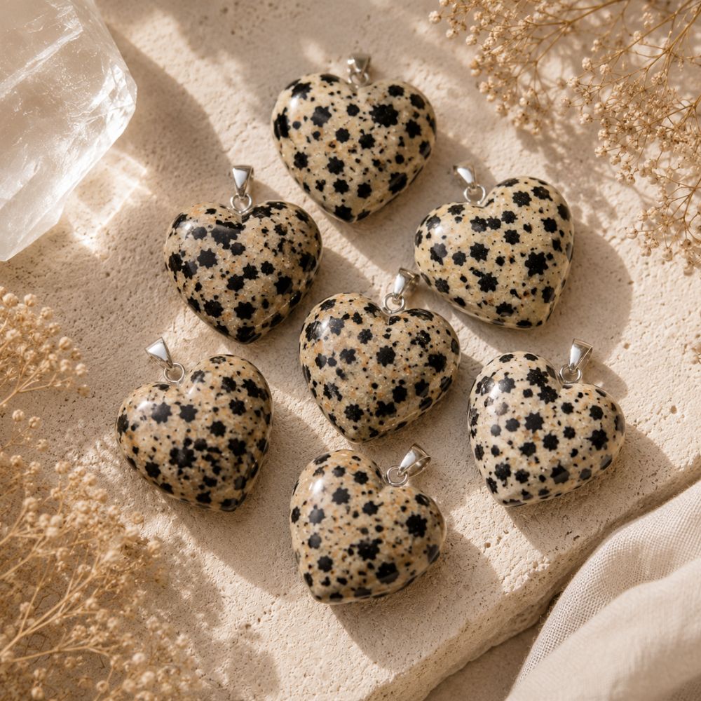 Dalmatian Jasper Mini Heart Pendants on a warm limestone background with linen and dried florals.
