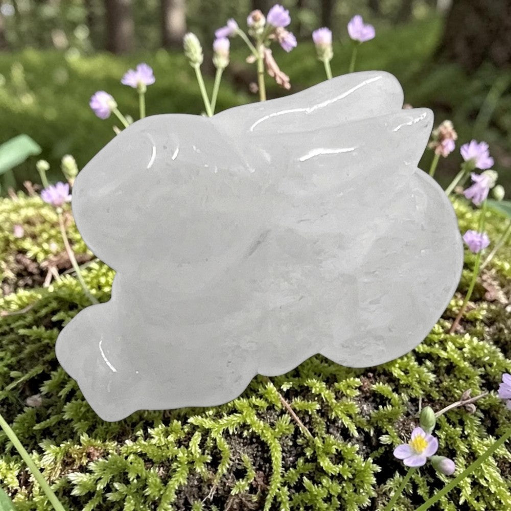 Clear quartz bunny on a green mossy surface with small purple flowers