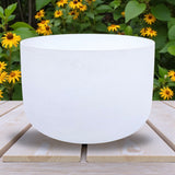 White singing bowl on a wooden surface with yellow flowers in the background