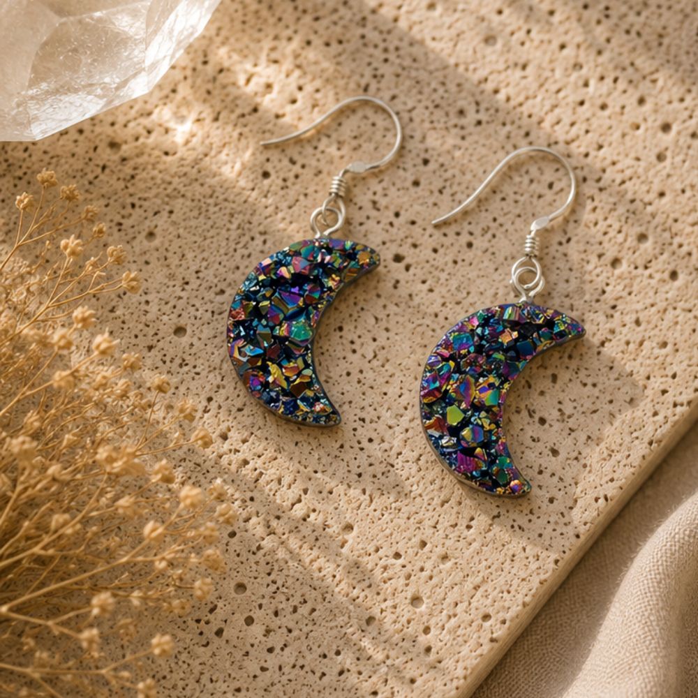 Colorful moon-shaped earrings on a textured beige surface with dried flowers.