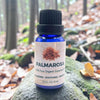 Palmarosa essential oil bottle on a rock with a forest background