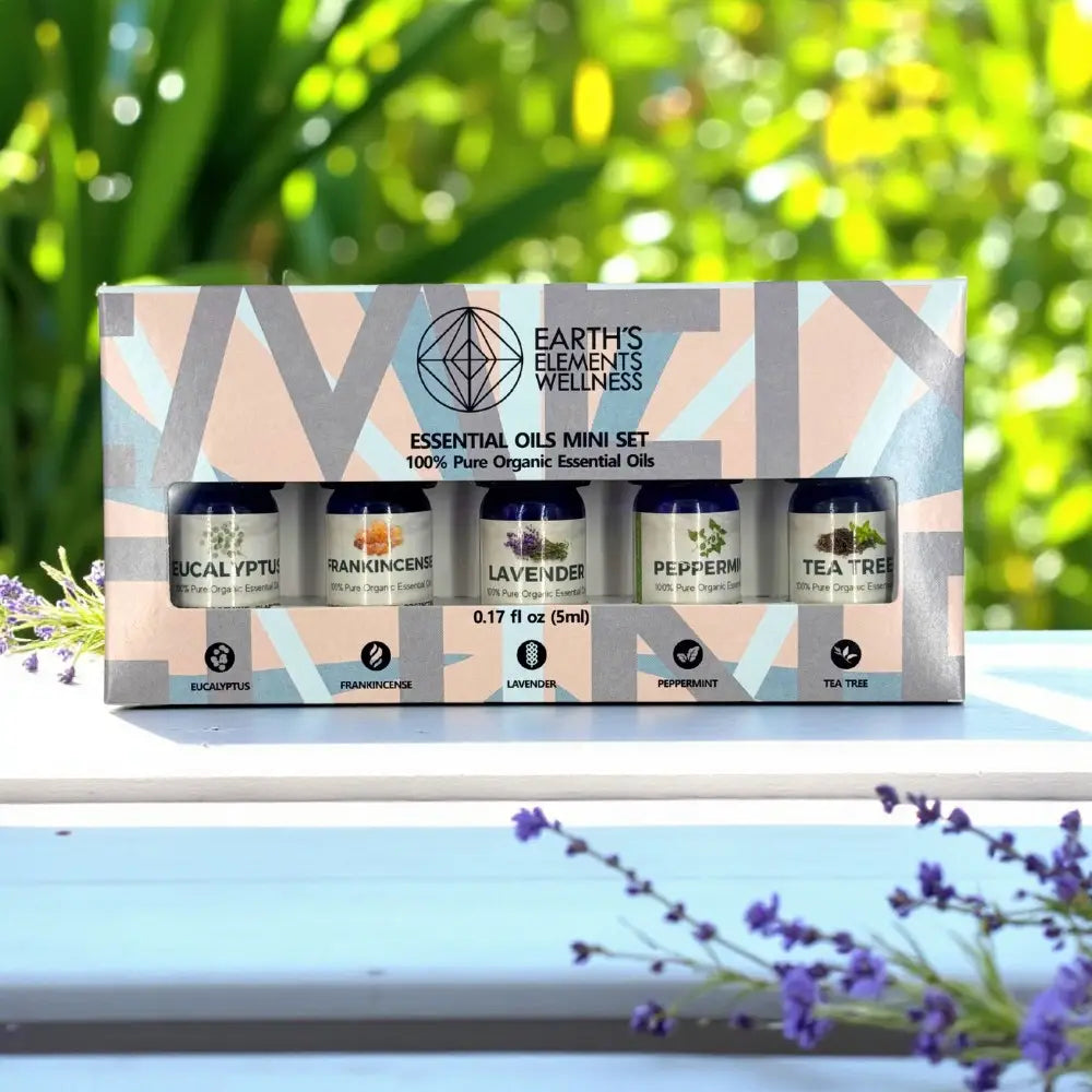 Earth's Elements Wellness essential oils mini set with bottles in a box against a natural background.
