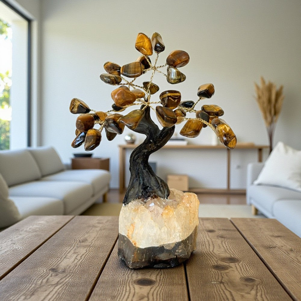 Decorative Tiger's Eyetree on a wooden table in a living room setting