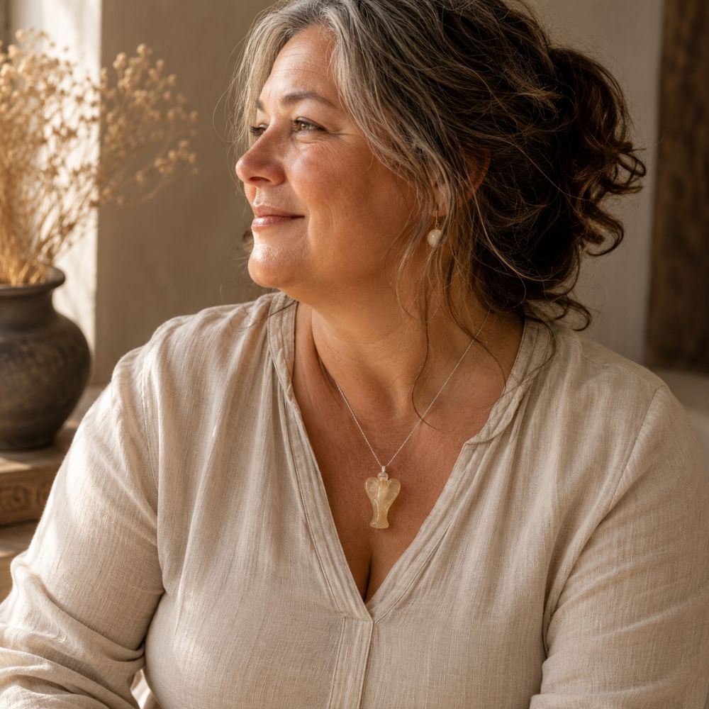 Woman wearing a Golden Healer Angel Pendant on a silver chain with a soft white blouse in warm natural light.