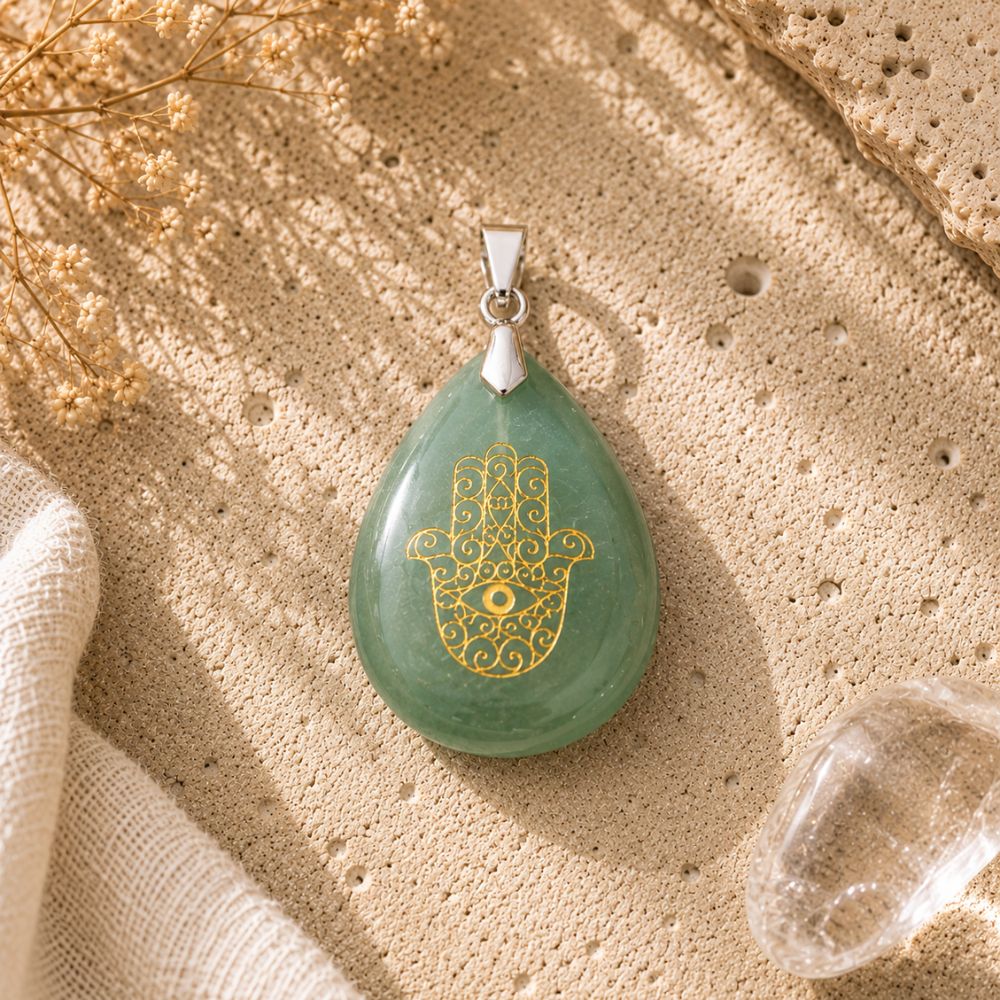 A green teardrop pendant with a gold Hamsa hand design and eye motif, resting on a textured beige stone surface with dried flowers and a clear crystal nearby.