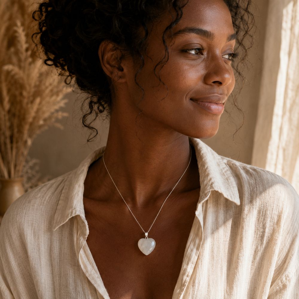 Woman wearing a Snow Quartz heart pendant necklace with a casual neutral outfit. 🌿