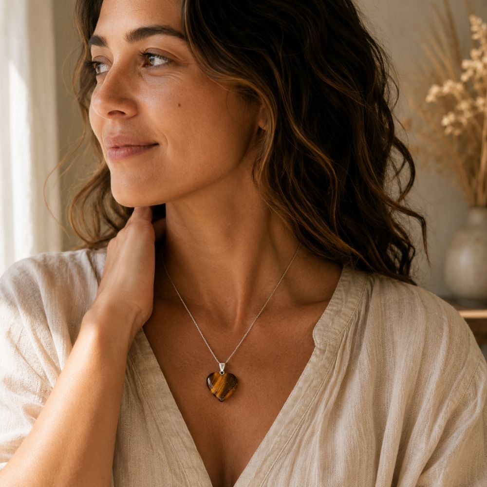 Woman wearing a Tiger's Eye heart pendant necklace with a casual neutral outfit.