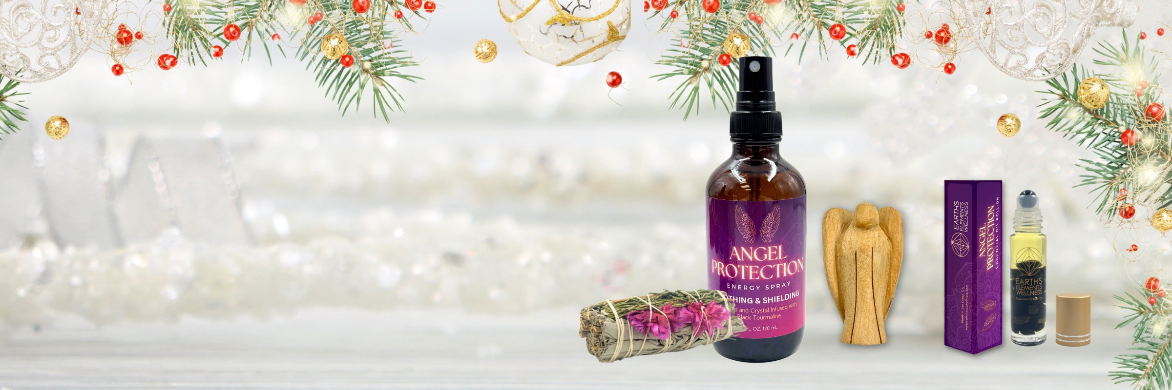 Bottle of 'Angel Protect' with Christmas decorations in the background