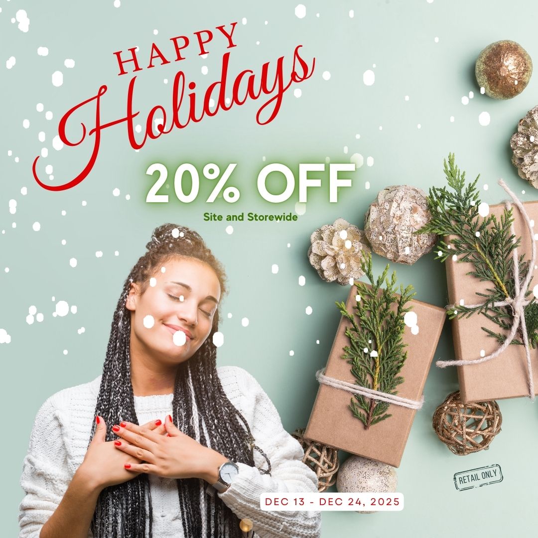 Promotional image with a woman, Christmas decorations, and 'Happy Holidays 20% OFF' text on a light green background.