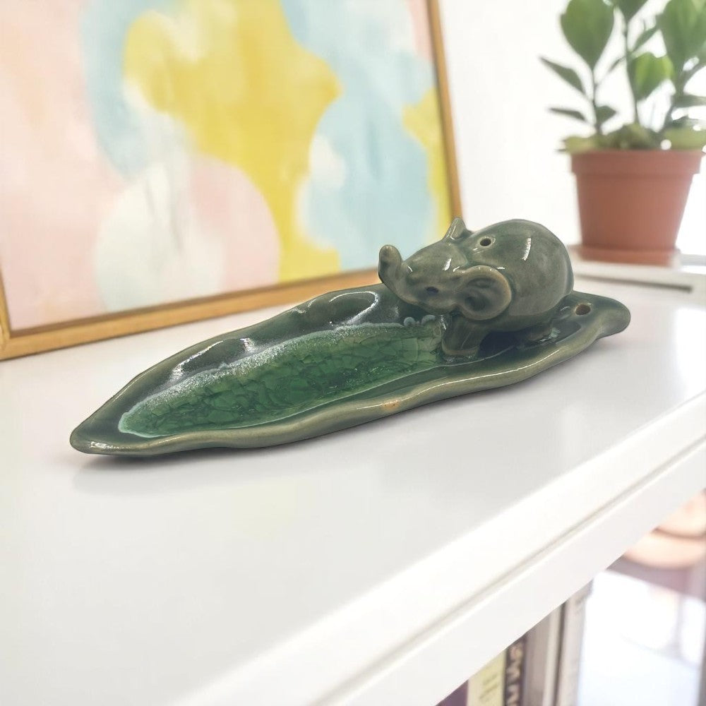 Elephant Long Leaf Ceramic Incense Holder – Green
