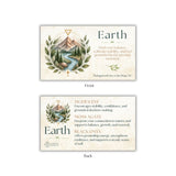 Front and back views of an Earth tarot card design on a white background. The card features a cream-colored background with a central illustration of a mountain, river, and evergreen wreath, with the word 'Earth' and descriptive text.